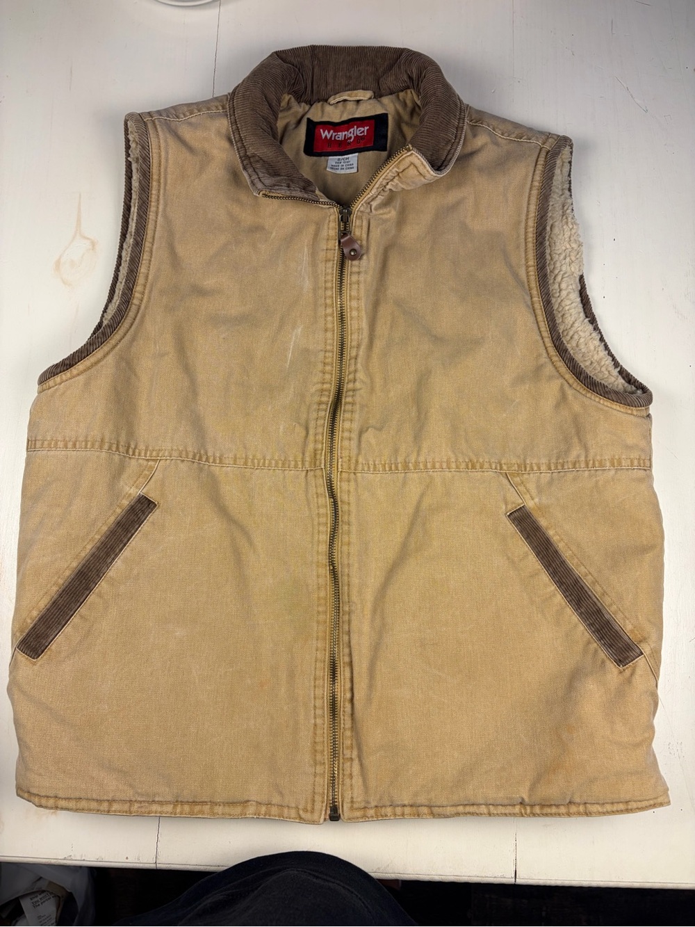 Wrangler Tan Canvas Sherpa-Lined Work Vest with Corduroy Trim